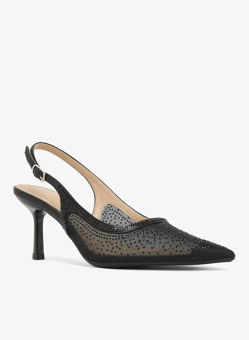 Ella Limited Edition Black Rhinestone Detail Mesh Sling Back Pumps for Women | Best Price UAE