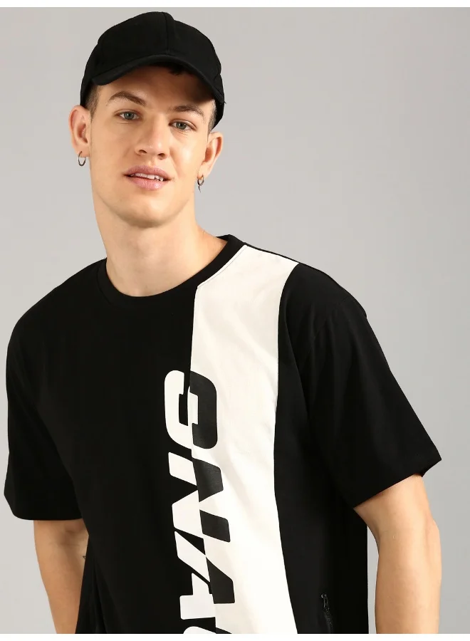 جوفن Men's Black and White Printed Oversized T-Shirt
