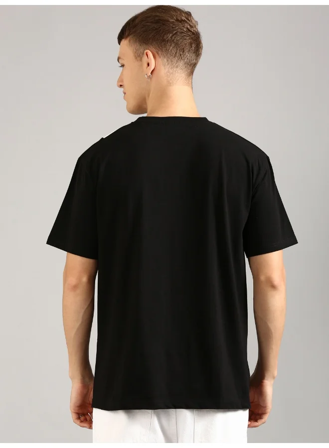 جوفن Men's Black and White Printed Oversized T-Shirt