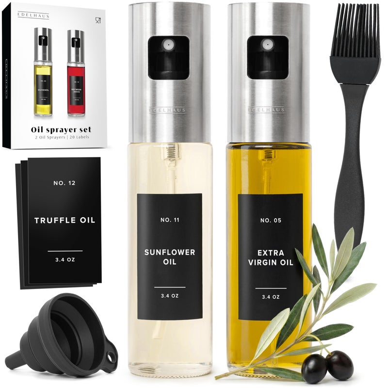 EDELHAUS Oil Sprayer Set of 2 Oil Spray Bottle Made of Stainless Steel & Glass, for Healthy Cooking, Sprayer for Precise Dosage, for Cooking Oil & Vinegar Including (Silver Lids, 2 Pack) - Image 1