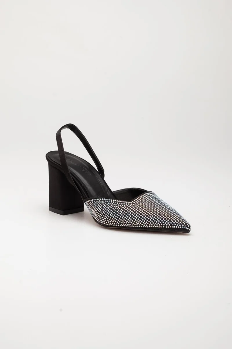 Dilimler Ayakkabı Satin Symmetrical Cut Stone Black Women's Heeled Evening Dress Shoes