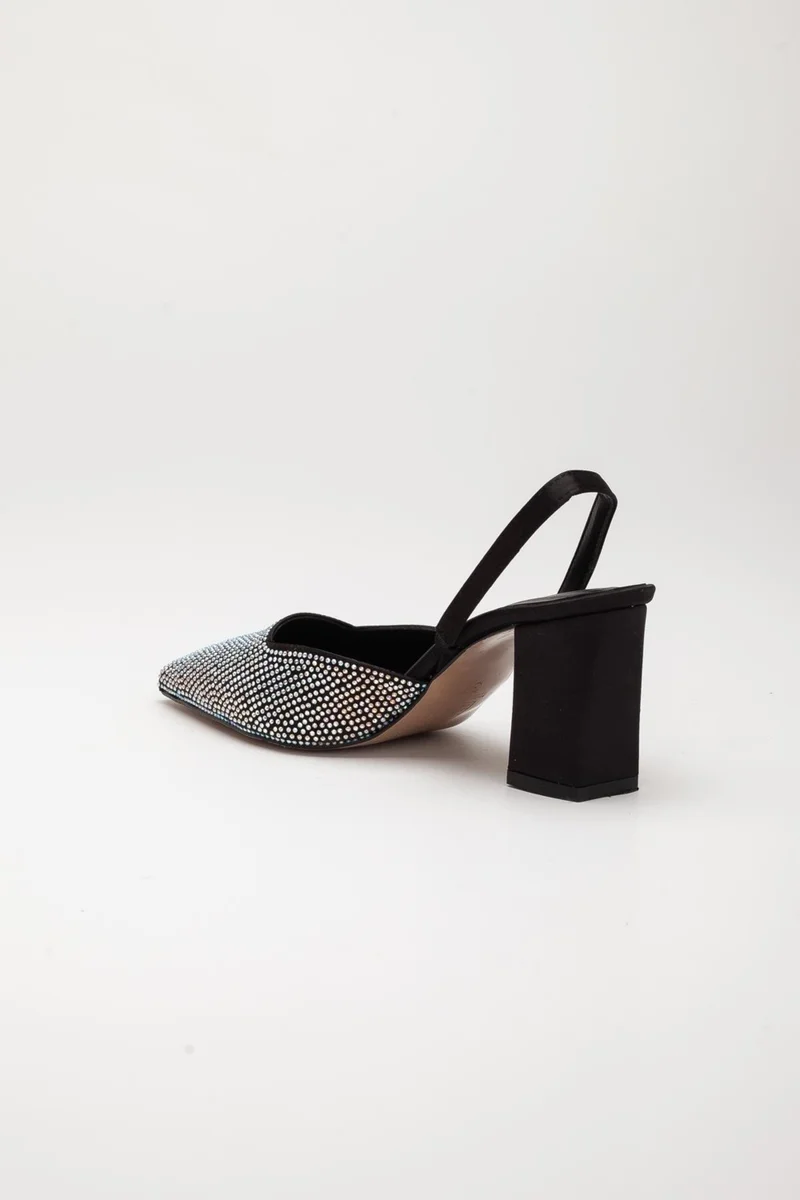 Dilimler Ayakkabı Satin Symmetrical Cut Stone Black Women's Heeled Evening Dress Shoes