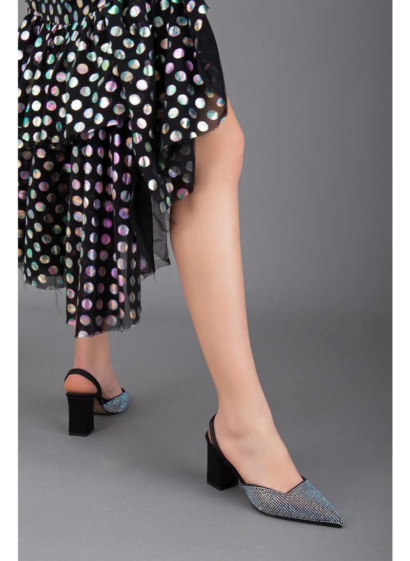 Dilimler Ayakkabı Satin Symmetrical Cut Stone Black Women's Heeled Evening Dress Shoes