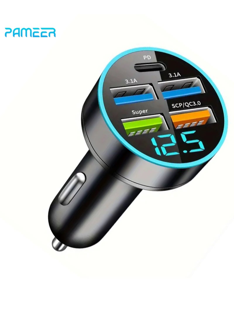 PAMEER Car Charger 5 Ports USB Type C Port PD 3.1/QC 3.0 Fast Charging Intelligent Phone Charging Voltage Detection Digital Display Car Adapter Car Lighter Plug Mobile Phone Charger for iPhone Samsung  - Image 1