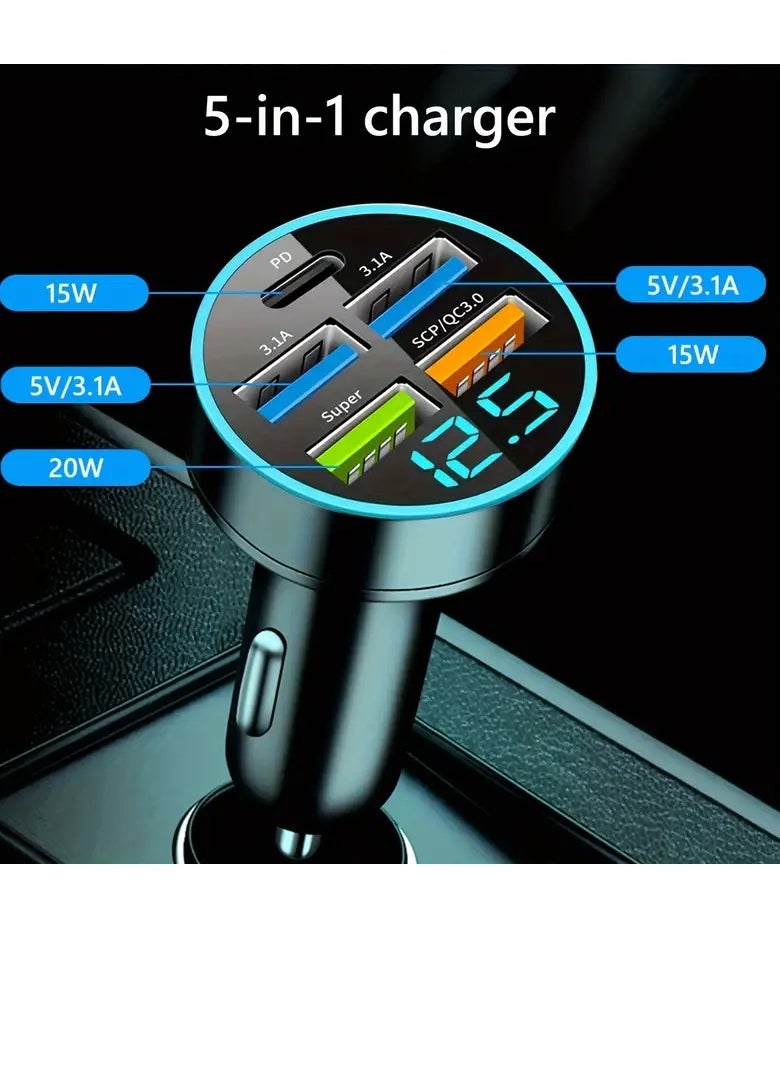 PAMEER Car Charger 5 Ports USB Type C Port PD 3.1/QC 3.0 Fast Charging Intelligent Phone Charging Voltage Detection Digital Display Car Adapter Car Lighter Plug Mobile Phone Charger for iPhone Samsung  - Image 2