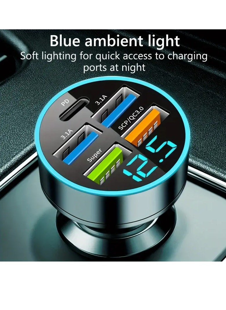 PAMEER Car Charger 5 Ports USB Type C Port PD 3.1/QC 3.0 Fast Charging Intelligent Phone Charging Voltage Detection Digital Display Car Adapter Car Lighter Plug Mobile Phone Charger for iPhone Samsung  - Image 4