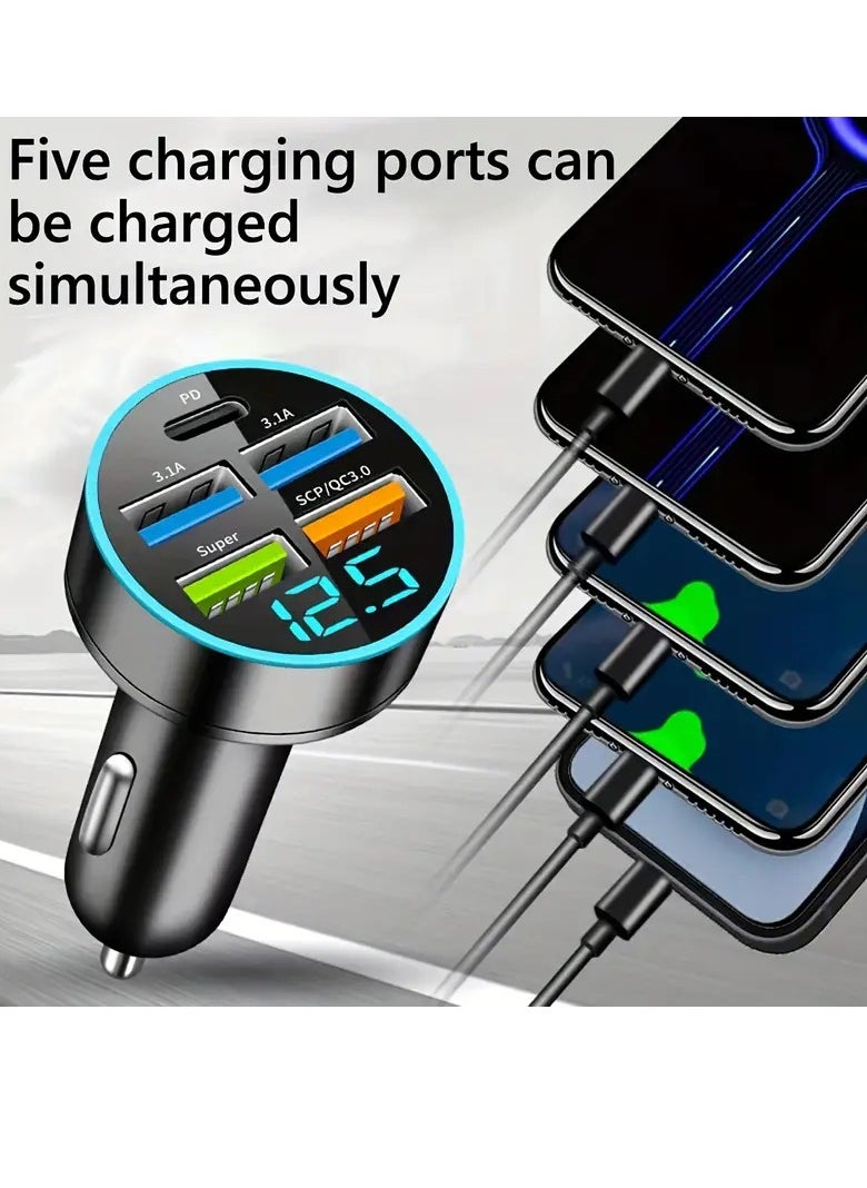 PAMEER Car Charger 5 Ports USB Type C Port PD 3.1/QC 3.0 Fast Charging Intelligent Phone Charging Voltage Detection Digital Display Car Adapter Car Lighter Plug Mobile Phone Charger for iPhone Samsung  - Image 5