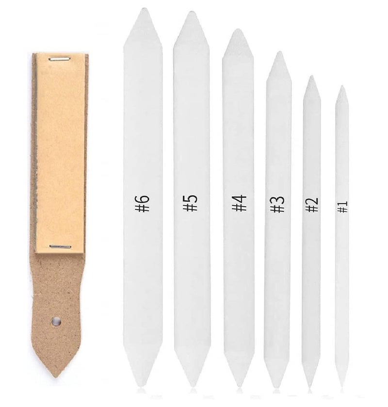 Schmidt White Paper Stump/Art Blender/Tortillons Smudge Stick Tool Set of 6 Stumps & 1 Sand Paper Folder - Image 1