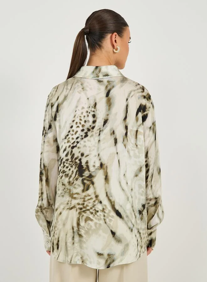 Styli Styli Animal Print Collared Oversized Shirt