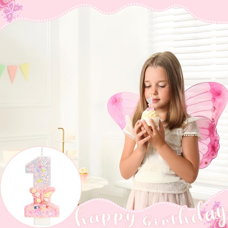 ElekFX Pink Butterfly Number 1 Candle, Fairy First Birthday Decorations for Girls, Glitter One Cake Topper with Sequins for Party Supplies & Favors - Image 5