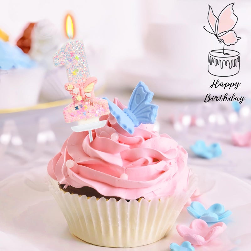 ElekFX Pink Butterfly Number 1 Candle, Fairy First Birthday Decorations for Girls, Glitter One Cake Topper with Sequins for Party Supplies & Favors - Image 3