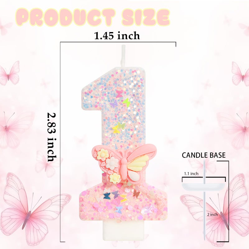 ElekFX Pink Butterfly Number 1 Candle, Fairy First Birthday Decorations for Girls, Glitter One Cake Topper with Sequins for Party Supplies & Favors - Image 2