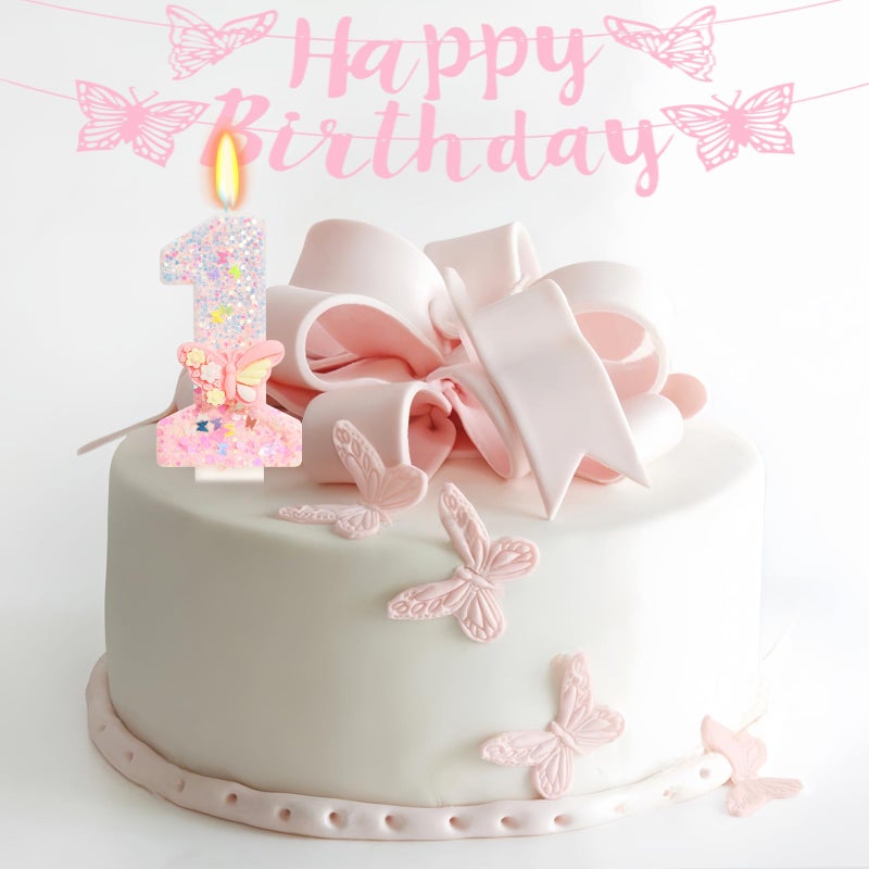 ElekFX Pink Butterfly Number 1 Candle, Fairy First Birthday Decorations for Girls, Glitter One Cake Topper with Sequins for Party Supplies & Favors - Image 4