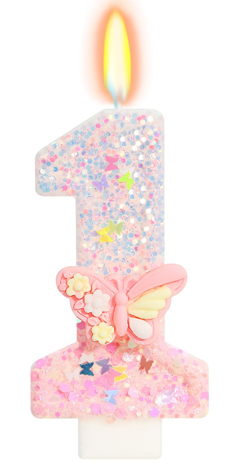 ElekFX Pink Butterfly Number 1 Candle, Fairy First Birthday Decorations for Girls, Glitter One Cake Topper with Sequins for Party Supplies & Favors - Image 1