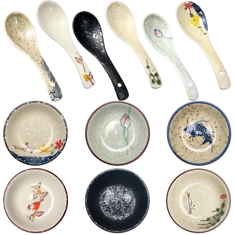 Tioncy Set of 12 Japanese Retro Style Tableware Soy Sauce Dish Set 6 Pcs Asian Soup Spoons 6 Pcs Ramen Appetizer Plates 38 Inch Japanese Rice Spoon for Sushi Sauce Snack