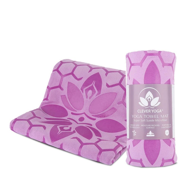 Clever Yoga NonSlip Hot Yoga Towel Mat  Sweat Absorbent Microfiber Suede  Double Sided Grip Hot Yoga Mat Towel with Honeycomb Design Easy Portable for Pilates Exercise Workout  Lilac