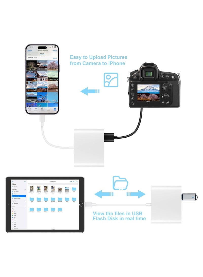 قارئ بطاقات SD لأجهزة iPhone، قارئ بطاقات الذاكرة مع محول كاميرا بمنفذ USB يعمل بالتوصيل والتشغيل، عارض كاميرا الصيد والألعاب، يدعم بطاقات SD وTF ومحول بطاقات MicroSD لأجهزة iPad، لا حاجة لتطبيق. - Image 3