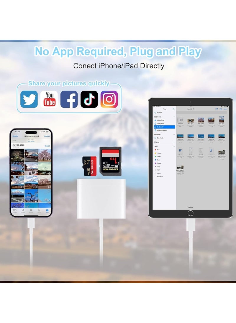 قارئ بطاقات SD لأجهزة iPhone، قارئ بطاقات الذاكرة مع محول كاميرا بمنفذ USB يعمل بالتوصيل والتشغيل، عارض كاميرا الصيد والألعاب، يدعم بطاقات SD وTF ومحول بطاقات MicroSD لأجهزة iPad، لا حاجة لتطبيق. - Image 4