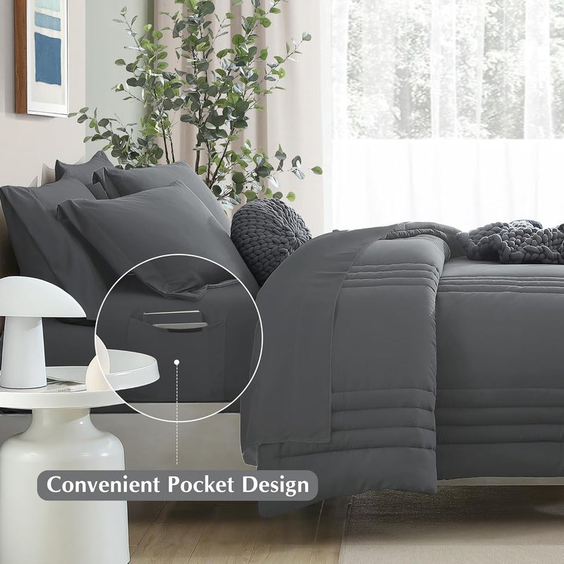 Monbix Super King Size Comforter Set - 7 Pieces Bright Gray Bed in a Bag Super King Bedding Sets with Comforters, All Seasons Comforter Bed Set with Sheets,Pillowcases & Shams - Image 4