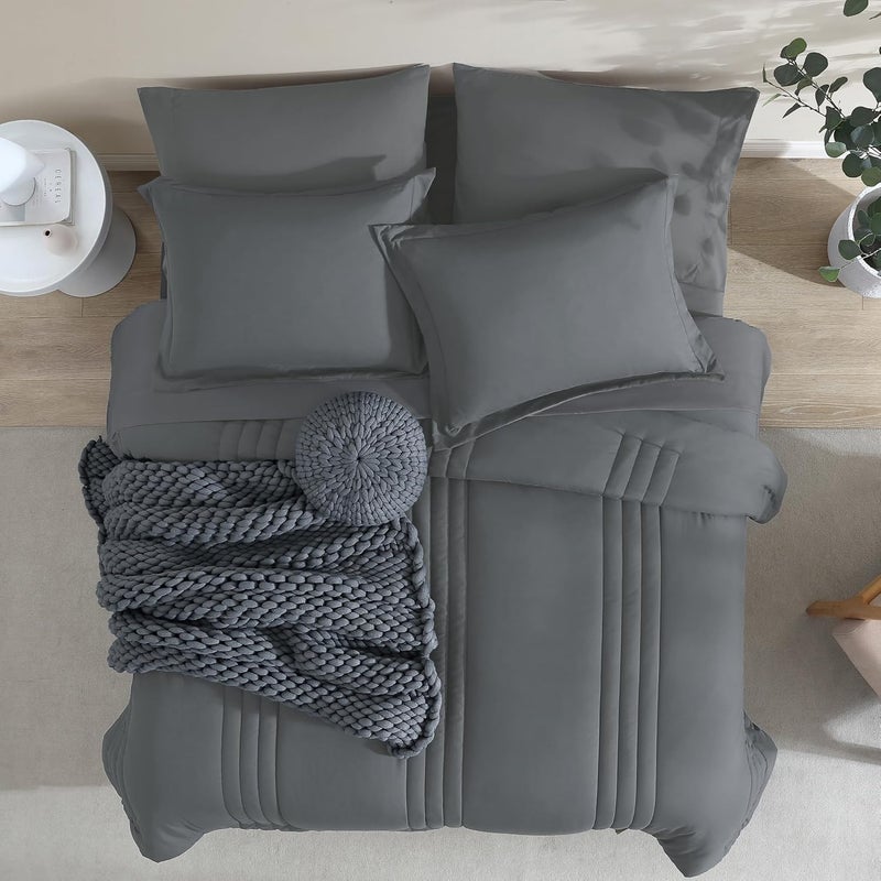 Monbix Super King Size Comforter Set - 7 Pieces Bright Gray Bed in a Bag Super King Bedding Sets with Comforters, All Seasons Comforter Bed Set with Sheets,Pillowcases & Shams - Image 5