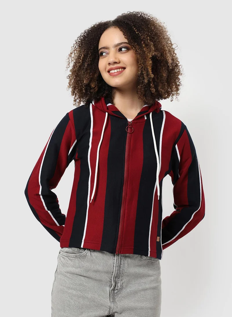 Campus Sutra Women Sweatshirt | Hooded Neck , Long Ribbed Cuff Sleeves , Zipper Closure, Straight Hem | Regular-Fit for Everyday Street & Casual | Crimson Red:Navy Blue