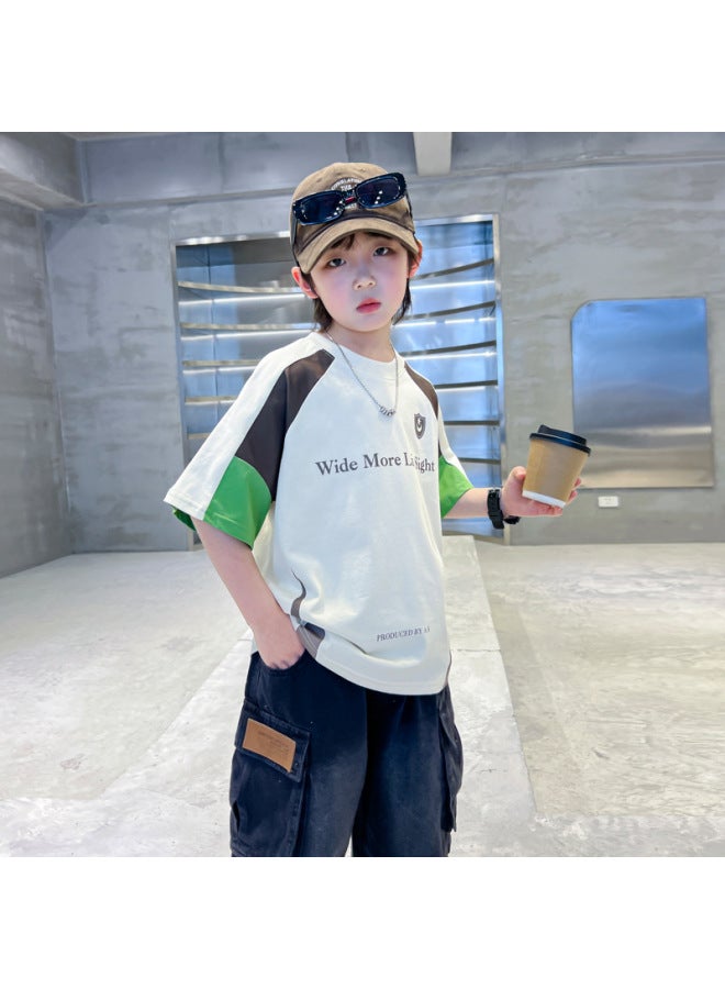 Boys' Summer Color-blocked Motorcycle Style Pure Cotton Short-sleeve T-shirt  New Model Youth Children's Summer Outfit Half-sleeve Top