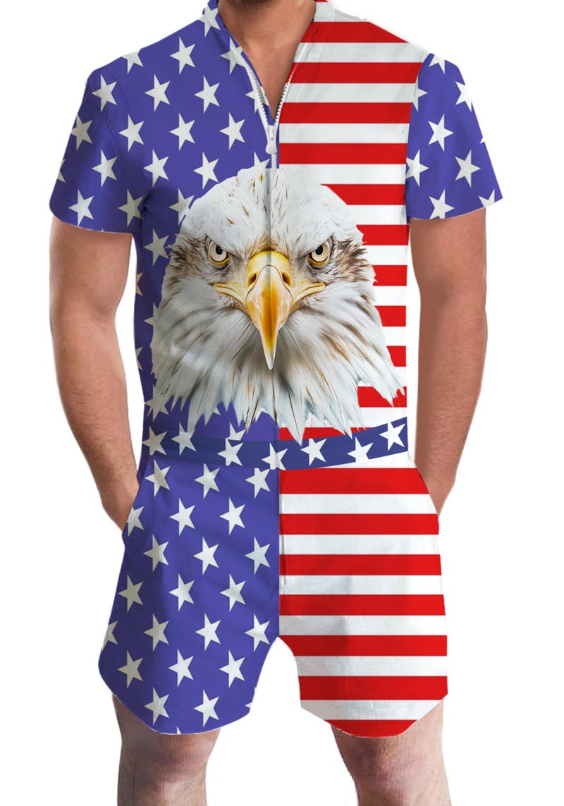 RAISEVERN Men's Rompers Male Zipper Jumpsuit Shorts Flag Independence Day 4th of July One Piece Romper Slim Fit Bro Short Sleeve Shirt Outfits - Image 1