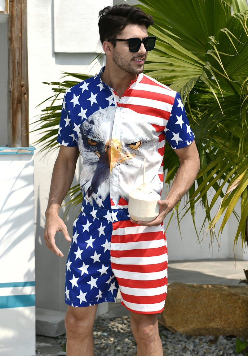 RAISEVERN Men's Rompers Male Zipper Jumpsuit Shorts Flag Independence Day 4th of July One Piece Romper Slim Fit Bro Short Sleeve Shirt Outfits - Image 2