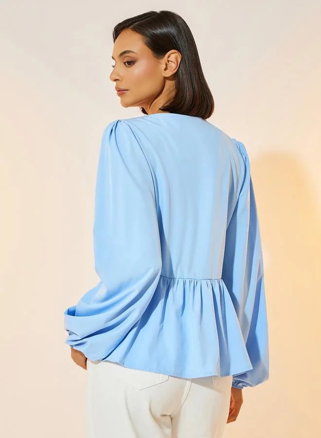 تايك تو Solid Long Sleeve Ruffled Hem Shirt with Tie Up Detail