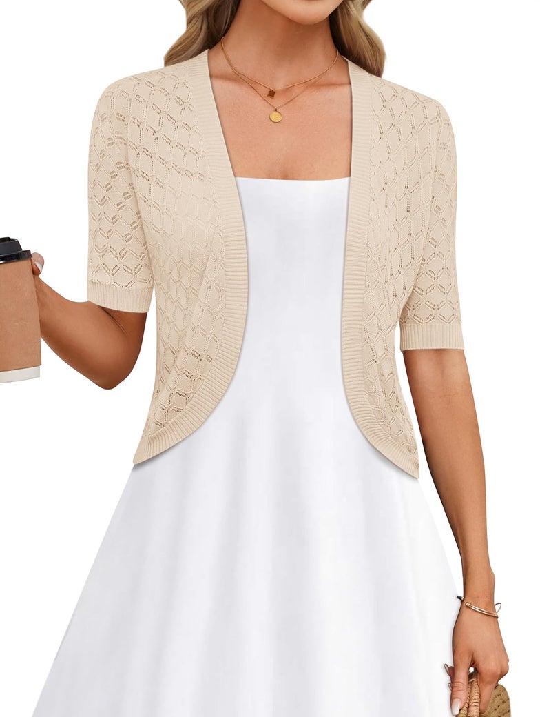 LOMON Summer Cardigans for Women Lightweight Cropped Open Front Short Sleeve Sweater(Apricot,Medium) - Image 1