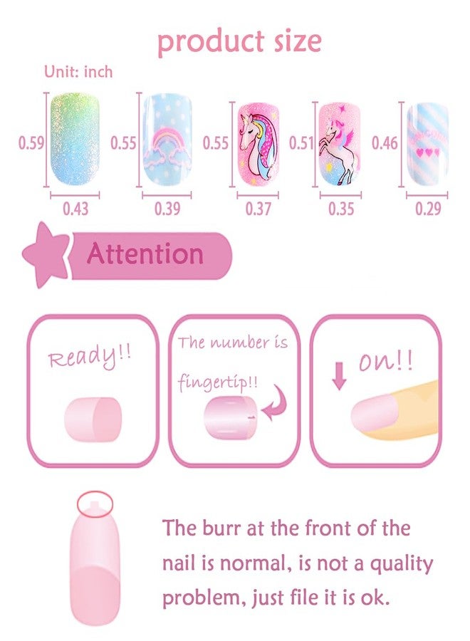 Laza Children Nails Press On Pre-glue Full Cover Colorful Stars Rainbow Clouds Cute Short False Nail Kits for Kids Teenager Girls-Rainbow Unicorn - Image 5