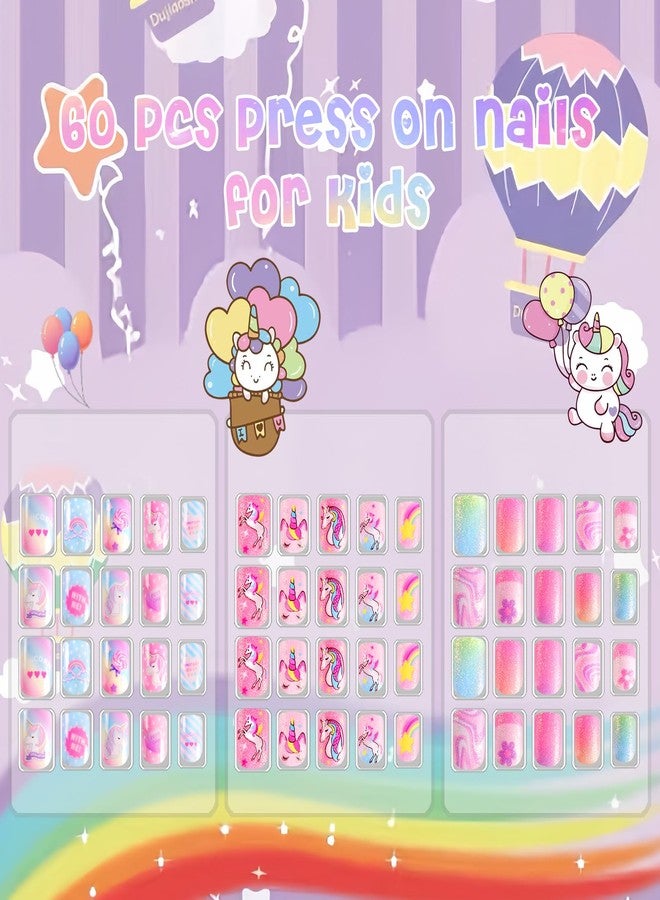Laza Children Nails Press On Pre-glue Full Cover Colorful Stars Rainbow Clouds Cute Short False Nail Kits for Kids Teenager Girls-Rainbow Unicorn - Image 2