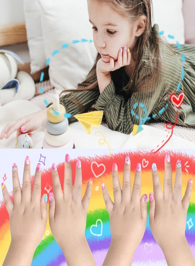 Laza Children Nails Press On Pre-glue Full Cover Colorful Stars Rainbow Clouds Cute Short False Nail Kits for Kids Teenager Girls-Rainbow Unicorn - Image 3