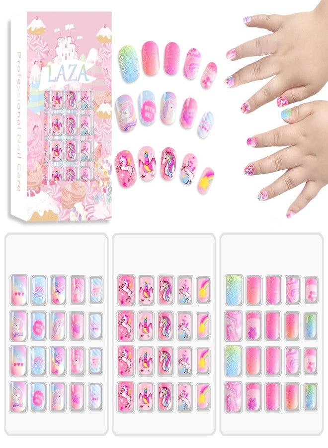 Laza Children Nails Press On Pre-glue Full Cover Colorful Stars Rainbow Clouds Cute Short False Nail Kits for Kids Teenager Girls-Rainbow Unicorn - Image 1