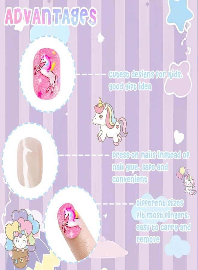 Laza Children Nails Press On Pre-glue Full Cover Colorful Stars Rainbow Clouds Cute Short False Nail Kits for Kids Teenager Girls-Rainbow Unicorn - Image 4