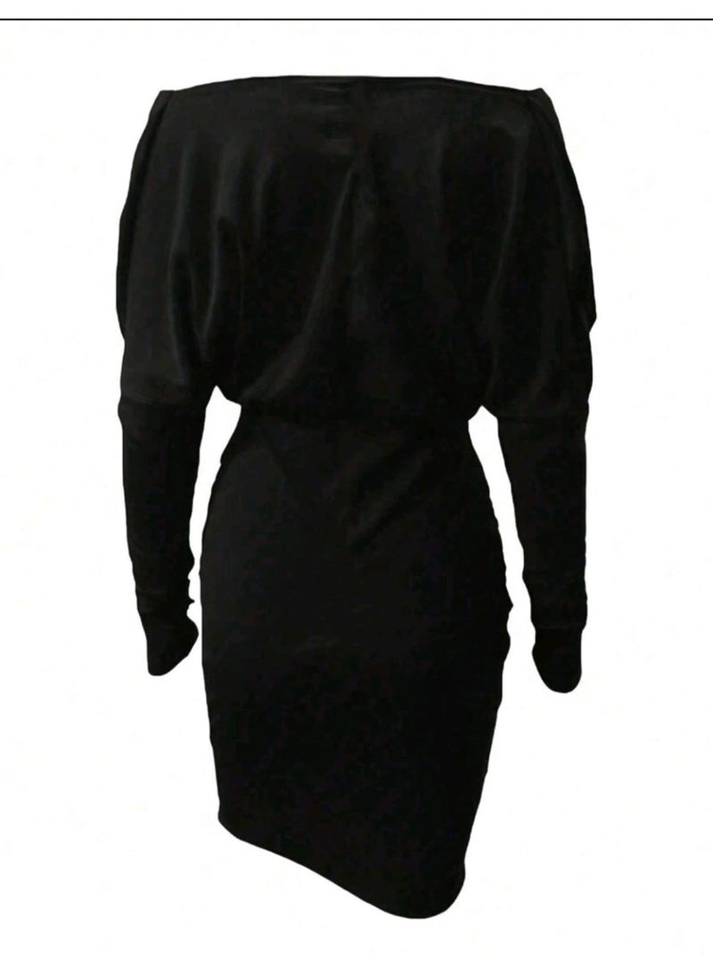 Shein Women's Pleated V-Neck Mid-Length Long Sleeve OL Dress - Image 2