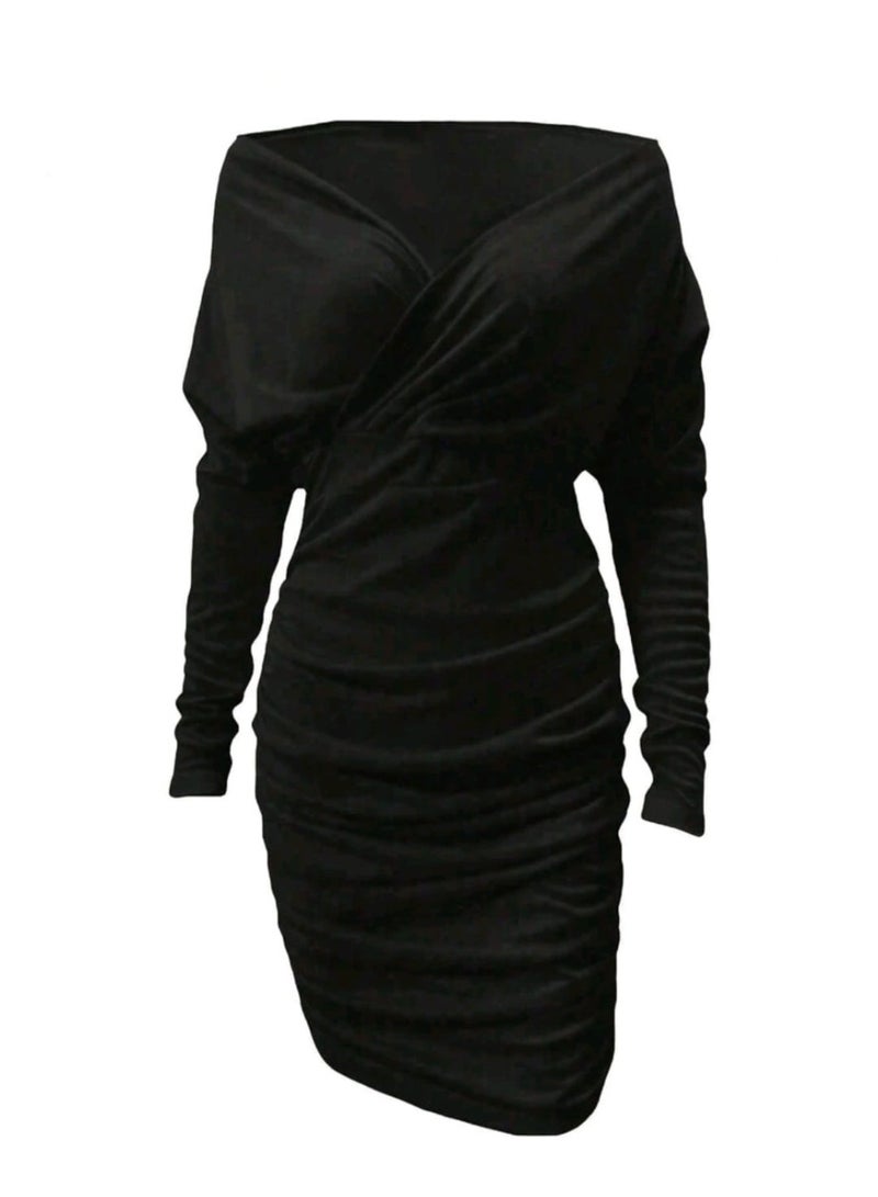 Shein Women's Pleated V-Neck Mid-Length Long Sleeve OL Dress - Image 3