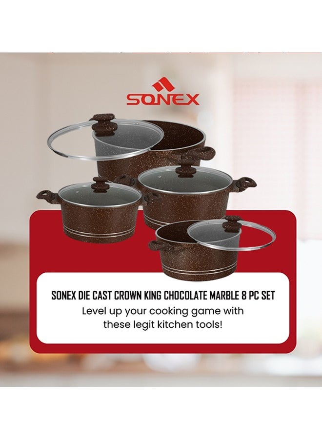 Sonex Diecast Crown King 8-Piece Cookware Set, Premium Chocolate Marble Non-Stick Coating, Sizes 3L to 12.5L, Durable Construction, Ergonomic Bakelite Handles, Even Heat Distribution, Chocolate - pzsku/Z65A7DE6B808E1F550C44Z/45/_/1725525136/e0db1f3c-3d87-4316-8b48-78d60521c062