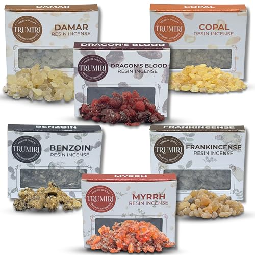 TRUMIRI بخور الراتنج صمغ الشجر الطبيعي 6x30غ مجموعة متنوعة تشمل اللبان والمر والكوبال والبانزوين ودم التنين والدمر