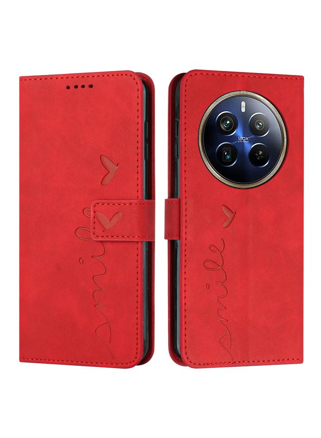 Green Tiger For Realme 12 Pro+ Skin Feel Heart Embossed Leather Phone Case with Long Lanyard(Red)