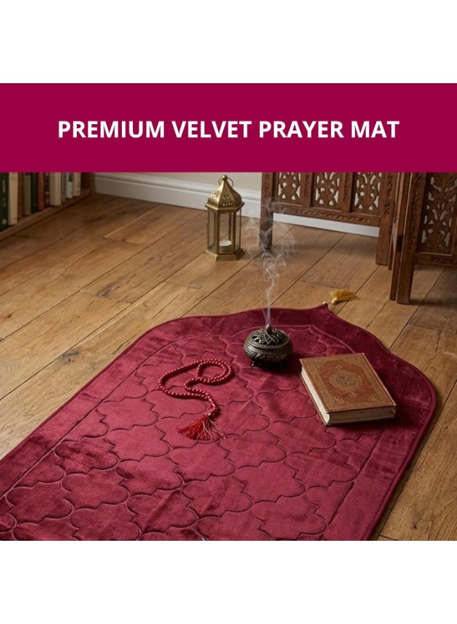 2 premium velvet prayer mats 70x110 cm - non-slip soft Muslim prayer mat with beads - comfortable Islamic prayer rug - ideal for daily use and gifting - red - Image 4