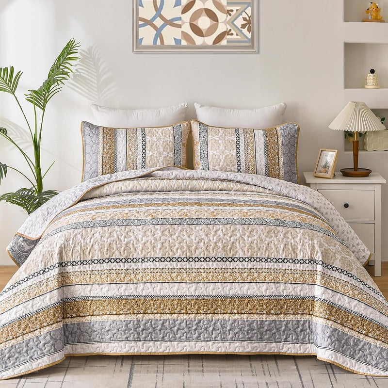 WONGS BEDDING Boho Quilt Set Full Size Brown Bohemian 3 Pieces Quilt Sets Lightweight Microfiber Bedspread Coverlet Bedding Set for All Season 78x90