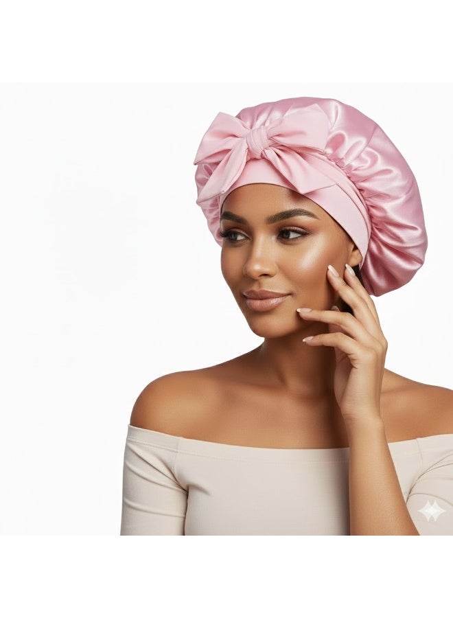 BEUTPATER 1 Set Hair Bonnet Wide Band - Silk Like Sleeping Bonnets for Curly Hair Night Cap with Tie Band for Women and Girls (Pink) - Image 2