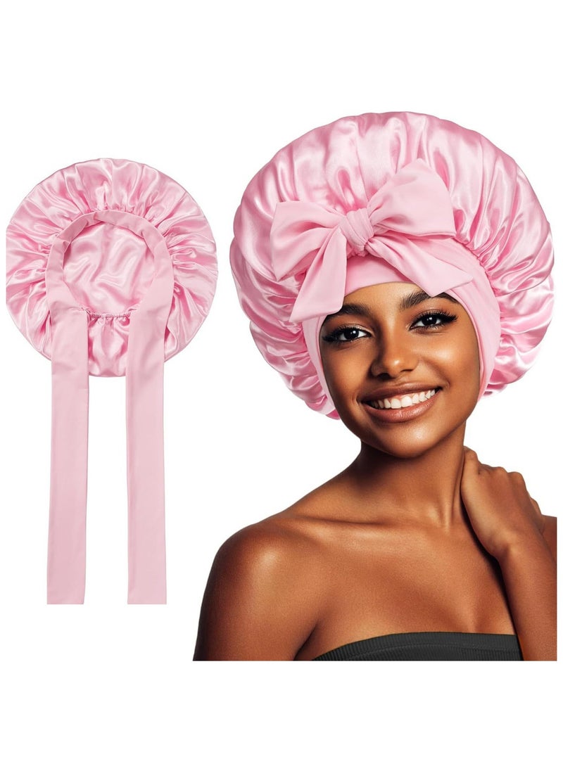 Generic 1 Set Hair Bonnet Wide Band - Silk Like Sleeping Bonnets for Curly Hair Night Cap with Tie Band for Women and Girls (Pink)  - Image 1