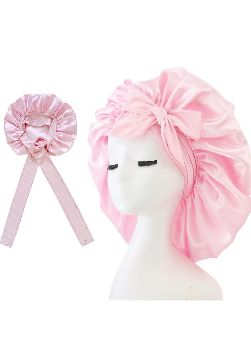 Generic 1 Set Hair Bonnet Wide Band - Silk Like Sleeping Bonnets for Curly Hair Night Cap with Tie Band for Women and Girls (Pink)  - Image 3