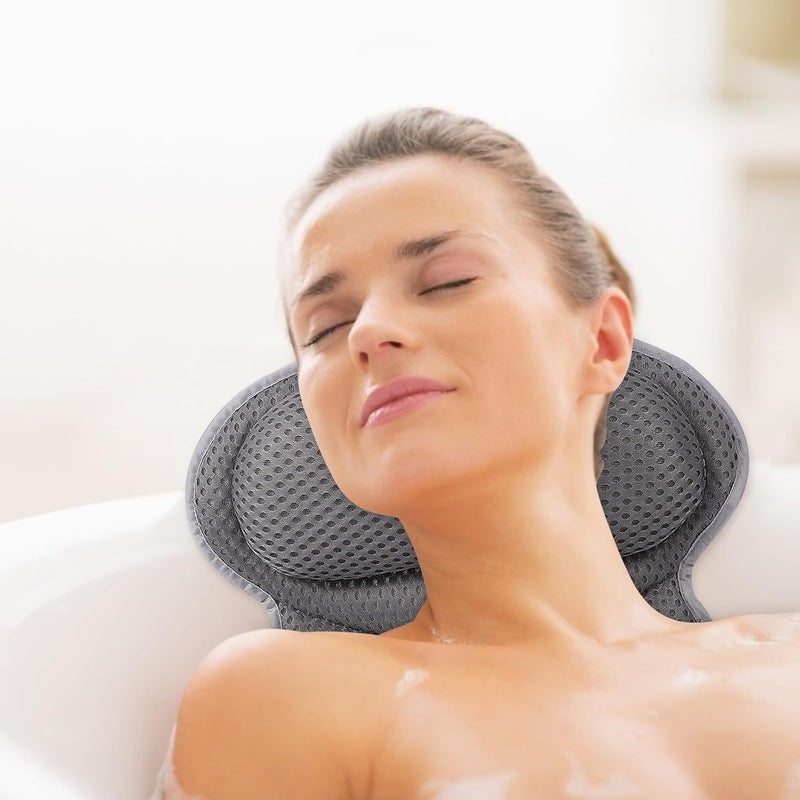 Bath Pillow for Bathtub with 6 Suction Cups, Grey 4d Mesh Tub Head Support Pillow for Neck and Back Relaxation in Home Shower and Spa Bathroom - Image 3