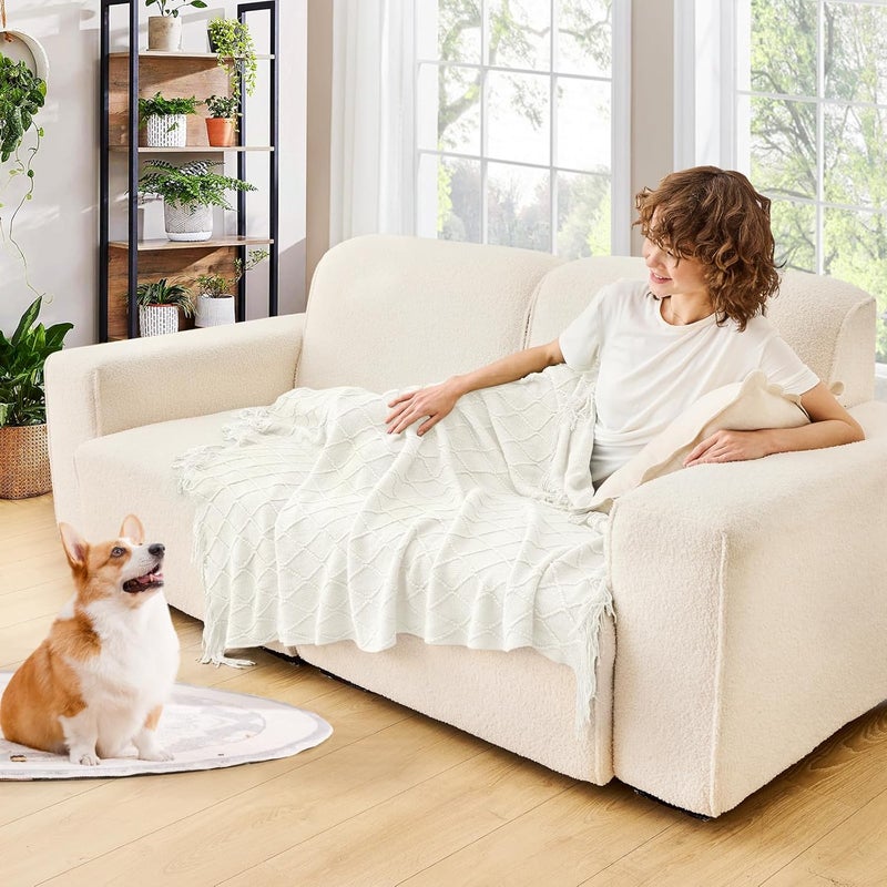 inhand Knitted Throw Blankets for Couch and Bed, Soft Cozy Knit Blanket with Tassel, Off White Lightweight Decorative Blankets and Throws, Farmhouse Warm Woven Blanket for Men and Women, 50"x60" - Image 2
