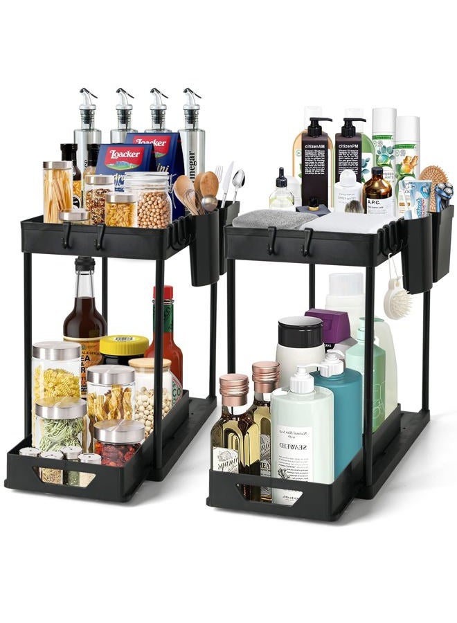 LTAXAF 2 Pack Under Sink Organizers and Storage,2 Tier Sliding Bathroom Organizers and Storage with Hooks Hanging Cup,Multi-Purpose Cabinet Organizers for Kitchen Bathroom - Image 1