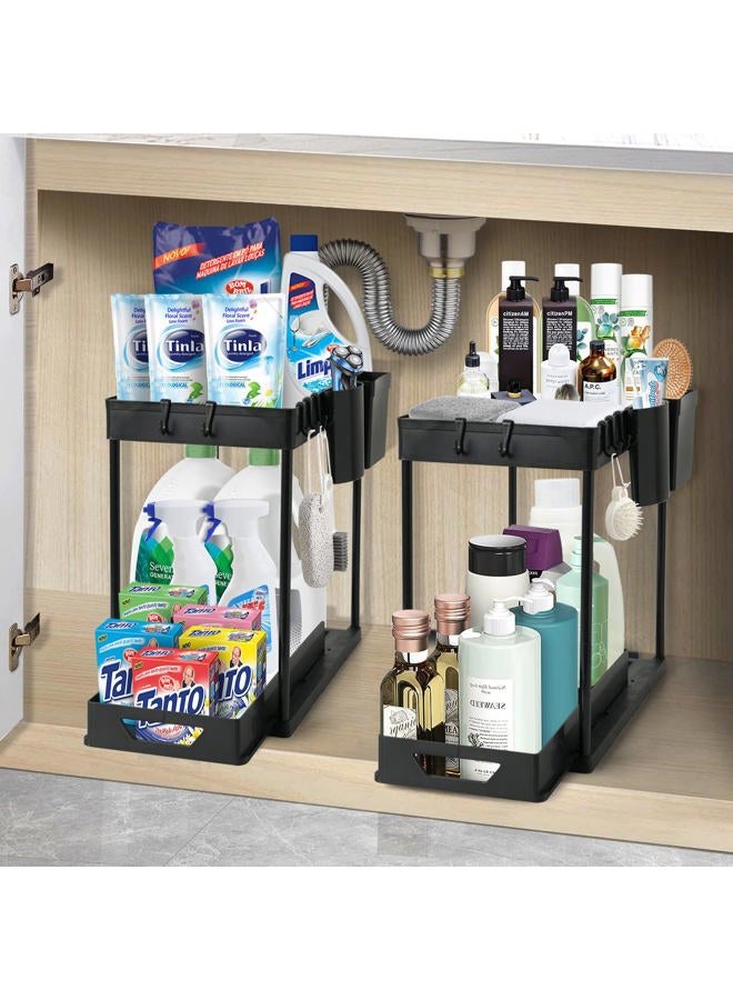 LTAXAF 2 Pack Under Sink Organizers and Storage,2 Tier Sliding Bathroom Organizers and Storage with Hooks Hanging Cup,Multi-Purpose Cabinet Organizers for Kitchen Bathroom - Image 2