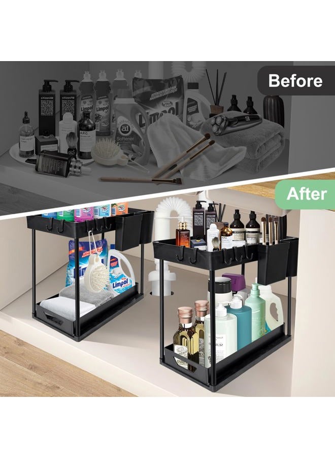 LTAXAF 2 Pack Under Sink Organizers and Storage,2 Tier Sliding Bathroom Organizers and Storage with Hooks Hanging Cup,Multi-Purpose Cabinet Organizers for Kitchen Bathroom - Image 3